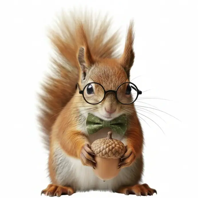 Niedliches Eichhörnchen mit Brille und Aktenordner, symbolisiert professionelle Steuerberatung.